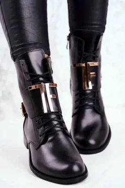 Clearance Boto Botki Damskie Skórzane Czarne Nicole 2591