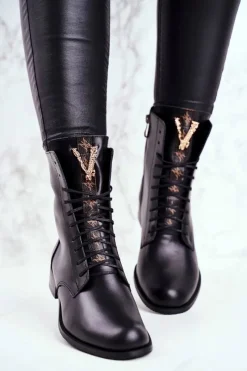 Botki Sznurowane|Czarne Botki>Boto Botki Damskie Skórzane Czarne Nicole 2593