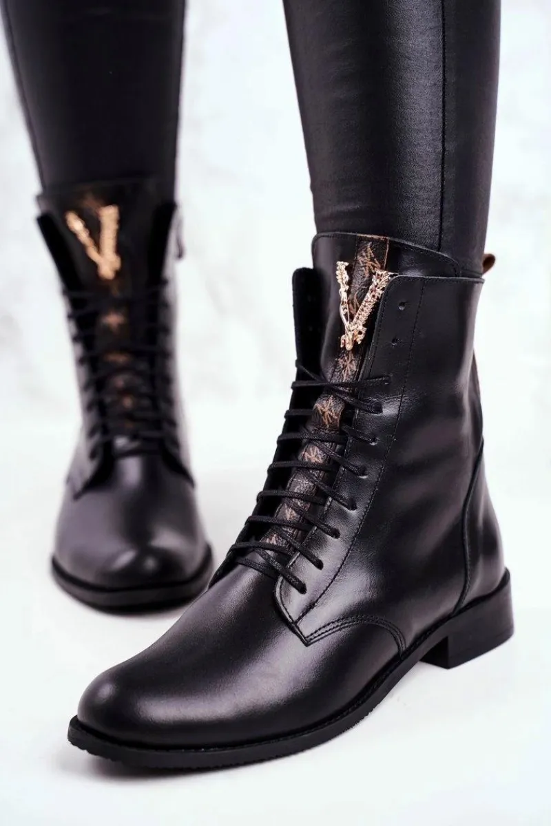 Botki Sznurowane|Czarne Botki>Boto Botki Damskie Skórzane Czarne Nicole 2593