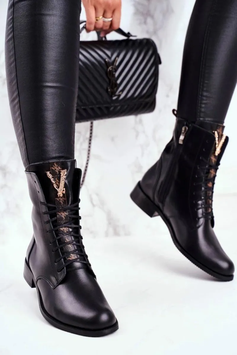 Botki Sznurowane|Czarne Botki>Boto Botki Damskie Skórzane Czarne Nicole 2593