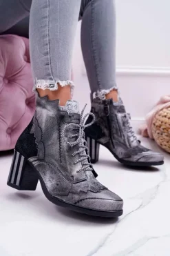 Botki Maciejka|Botki Na Słupku>Maciejka Botki Damskie Skórzane Szare 03190