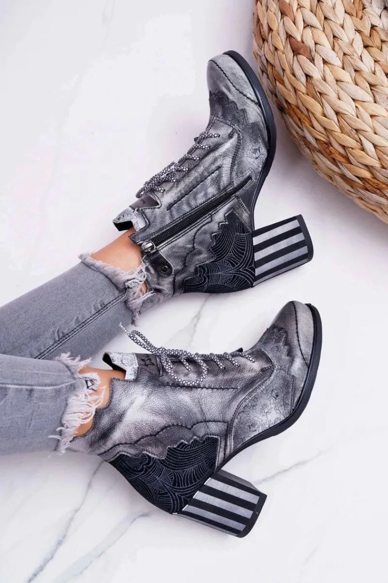 Botki Maciejka|Botki Na Słupku>Maciejka Botki Damskie Skórzane Szare 03190