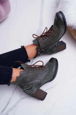 Outlet Maciejka Botki Damskie Skórzane Zielone 03190-09