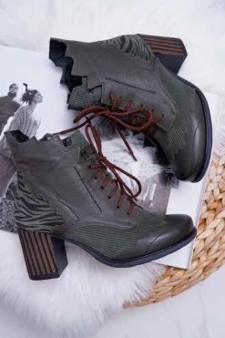 Outlet Maciejka Botki Damskie Skórzane Zielone 03190-09