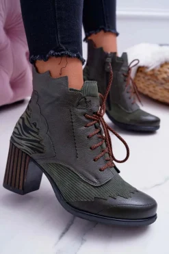 Outlet Maciejka Botki Damskie Skórzane Zielone 03190-09