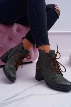 Outlet Maciejka Botki Damskie Skórzane Zielone 03190-09