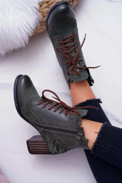 Outlet Maciejka Botki Damskie Skórzane Zielone 03190-09