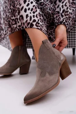 Online Botki Damskie Skórzane na Obcasie Cappuccino Chavai Damskie Botki Wiosenne|Botki Na Słupku