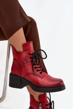 Online Botki Damskie Skórzane Na Klocku Ocieplane Vinceza 39950 Czerwone Damskie Botki Ocieplane|Botki Sznurowane