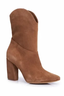 Clearance Laura Messi Botki Damskie Skórzane na Obcasie Camel 2123