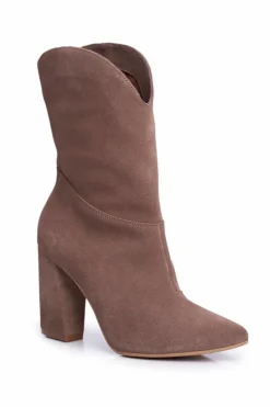 Sale Botki Damskie Skórzane na Obcasie Khaki 2123 Damskie Botki Wiosenne|Botki Na Słupku