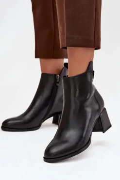 Sale Boto Botki Damskie Skórzane Na Obcasie Ocieplane Czarne Nolivra