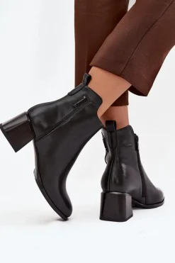 Sale Boto Botki Damskie Skórzane Na Obcasie Ocieplane Czarne Nolivra