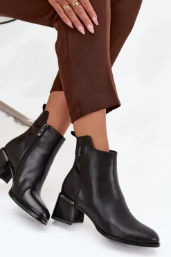 Sale Boto Botki Damskie Skórzane Na Obcasie Ocieplane Czarne Nolivra