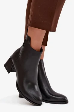 Sale Boto Botki Damskie Skórzane Na Obcasie Ocieplane Czarne Nolivra