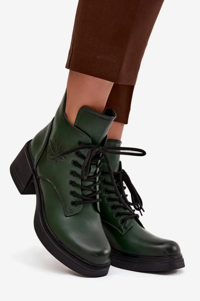 Botki Ocieplane|Botki Sznurowane>Buty damskie Vinceza Botki Damskie Skórzane Na Klocku Ocieplane Vinceza 39950 Ciemnozielone Zielony