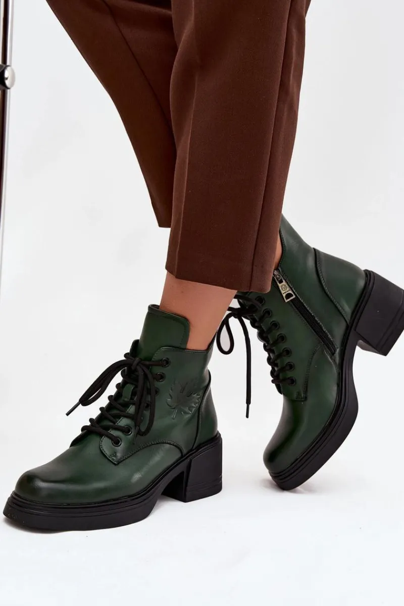 Botki Ocieplane|Botki Sznurowane>Buty damskie Vinceza Botki Damskie Skórzane Na Klocku Ocieplane Vinceza 39950 Ciemnozielone Zielony