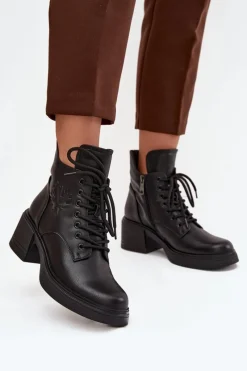 Hot Botki Damskie Skórzane Na Klocku Ocieplane Vinceza 39950 Czarne Damskie Botki Ocieplane|Botki Sznurowane