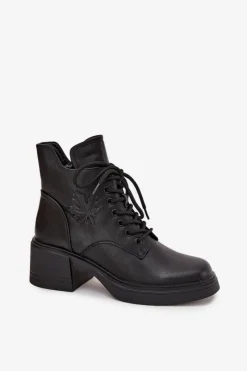 Hot Botki Damskie Skórzane Na Klocku Ocieplane Vinceza 39950 Czarne Damskie Botki Ocieplane|Botki Sznurowane