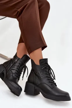 Hot Botki Damskie Skórzane Na Klocku Ocieplane Vinceza 39950 Czarne Damskie Botki Ocieplane|Botki Sznurowane