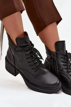 Hot Botki Damskie Skórzane Na Klocku Ocieplane Vinceza 39950 Czarne Damskie Botki Ocieplane|Botki Sznurowane