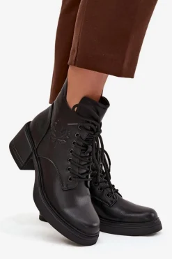 Hot Botki Damskie Skórzane Na Klocku Ocieplane Vinceza 39950 Czarne Damskie Botki Ocieplane|Botki Sznurowane