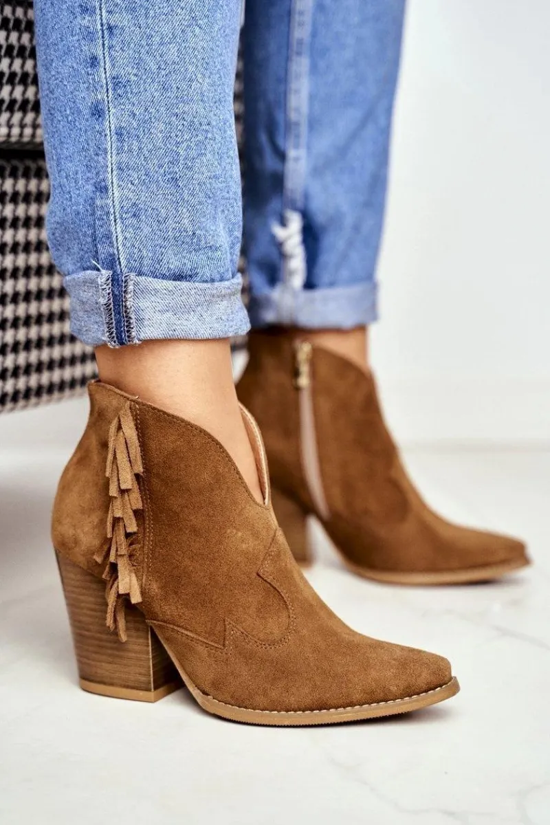 Sale Botki Damskie Skórzane na Obcasie Camel 2133 Damskie Botki Wiosenne|Botki Na Słupku