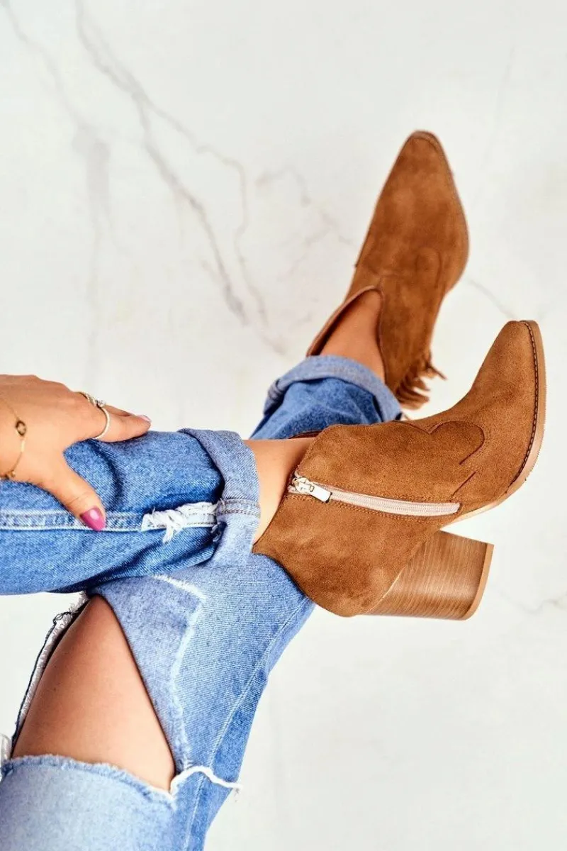 Sale Botki Damskie Skórzane na Obcasie Camel 2133 Damskie Botki Wiosenne|Botki Na Słupku