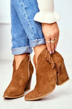 Sale Botki Damskie Skórzane na Obcasie Camel 2133 Damskie Botki Wiosenne|Botki Na Słupku