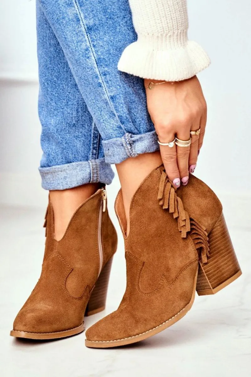 Sale Botki Damskie Skórzane na Obcasie Camel 2133 Damskie Botki Wiosenne|Botki Na Słupku