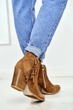 Sale Botki Damskie Skórzane na Obcasie Camel 2133 Damskie Botki Wiosenne|Botki Na Słupku