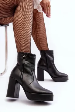 Sale Botki Damskie Skórzane Na Słupku I Platformiei 2690 Czarne Damskie Botki Ocieplane|Botki Skórzane