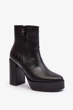 Sale Botki Damskie Skórzane Na Słupku I Platformiei 2690 Czarne Damskie Botki Ocieplane|Botki Skórzane