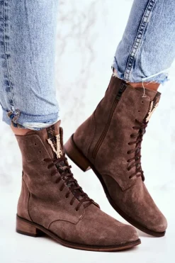 Online Botki Damskie Skórzane Nubuk Cappuccino Nicole 2593 Damskie Botki Sznurowane|Botki Zimowe Damskie