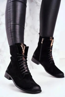 Hot Boto Botki Damskie Skórzane Nubuk Czarne Nicole 2593