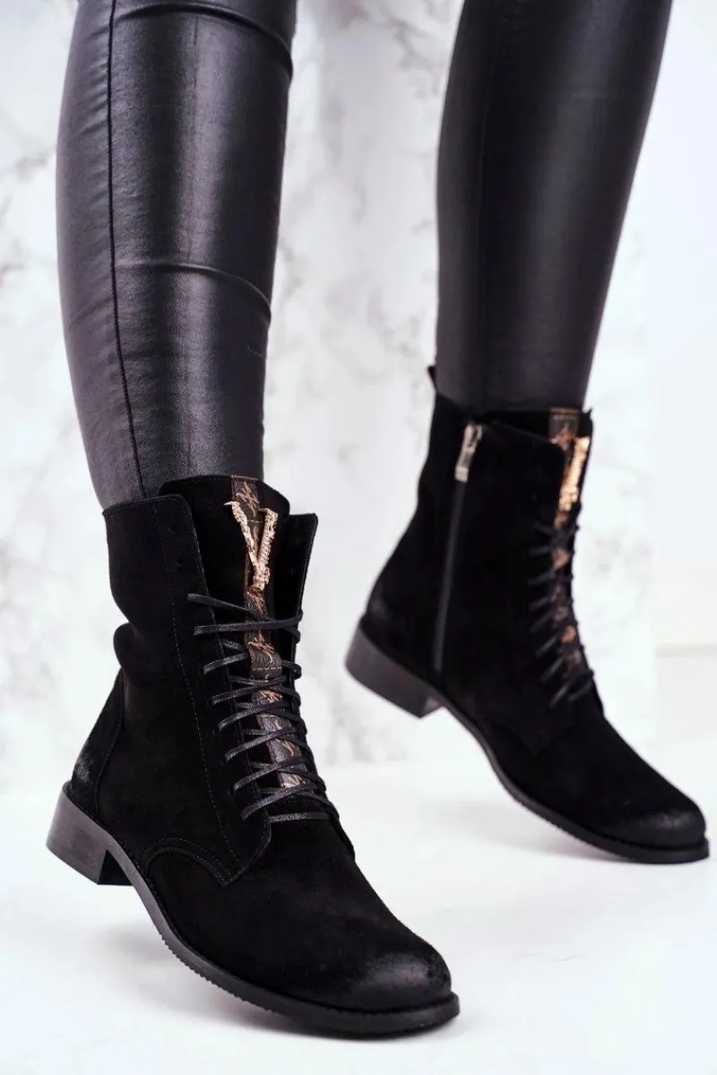 Hot Boto Botki Damskie Skórzane Nubuk Czarne Nicole 2593