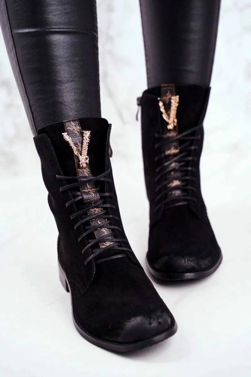 Hot Boto Botki Damskie Skórzane Nubuk Czarne Nicole 2593