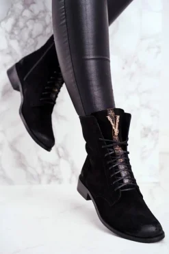 Hot Boto Botki Damskie Skórzane Nubuk Czarne Nicole 2593