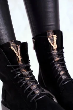 Hot Boto Botki Damskie Skórzane Nubuk Czarne Nicole 2593