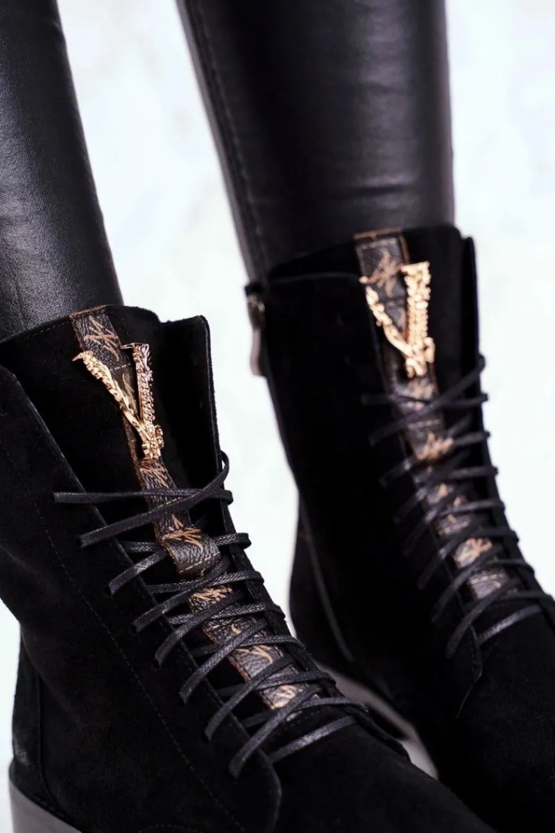 Hot Boto Botki Damskie Skórzane Nubuk Czarne Nicole 2593