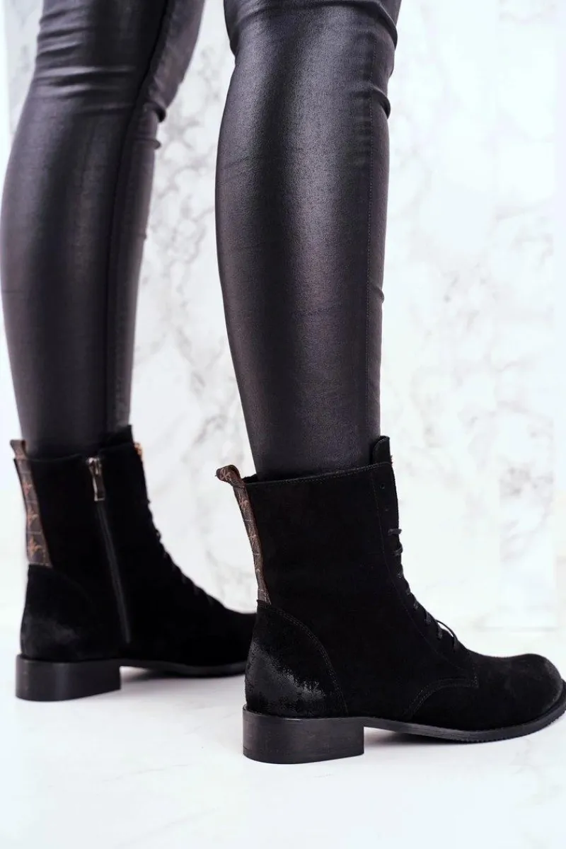 Hot Boto Botki Damskie Skórzane Nubuk Czarne Nicole 2593