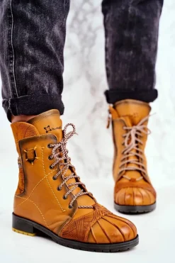 Outlet Botki Damskie Skórzane Ocieplane Żółte 03961-07 Damskie Botki Maciejka|Botki Zimowe Damskie