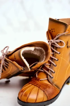 Outlet Botki Damskie Skórzane Ocieplane Żółte 03961-07 Damskie Botki Maciejka|Botki Zimowe Damskie