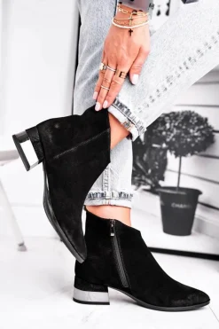 Czarne Botki|Botki Zimowe Damskie>Laura Messi Botki Damskie Skórzane Ocieplane Czarne 2207