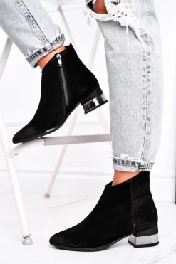 Czarne Botki|Botki Zimowe Damskie>Laura Messi Botki Damskie Skórzane Ocieplane Czarne 2207