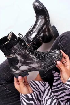 Hot Maciejka Botki Damskie Skórzane Ocieplane Czarne 03961-01