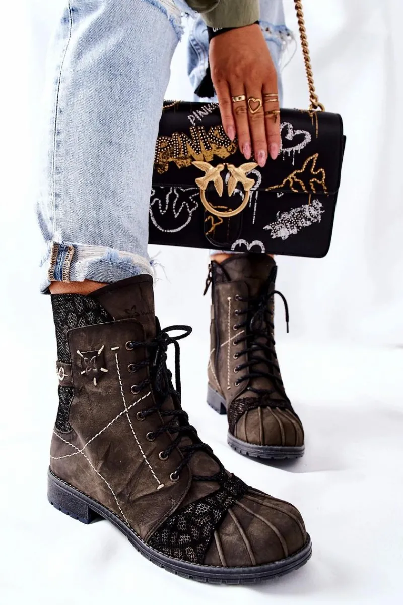 Best Botki Damskie Skórzane Ocieplane Oliwkowe 03961-24 Damskie Botki Maciejka|Botki Sznurowane