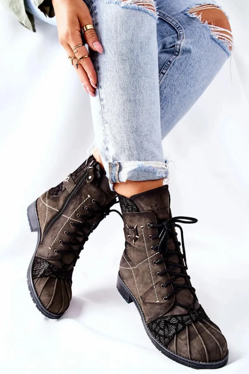 Best Botki Damskie Skórzane Ocieplane Oliwkowe 03961-24 Damskie Botki Maciejka|Botki Sznurowane