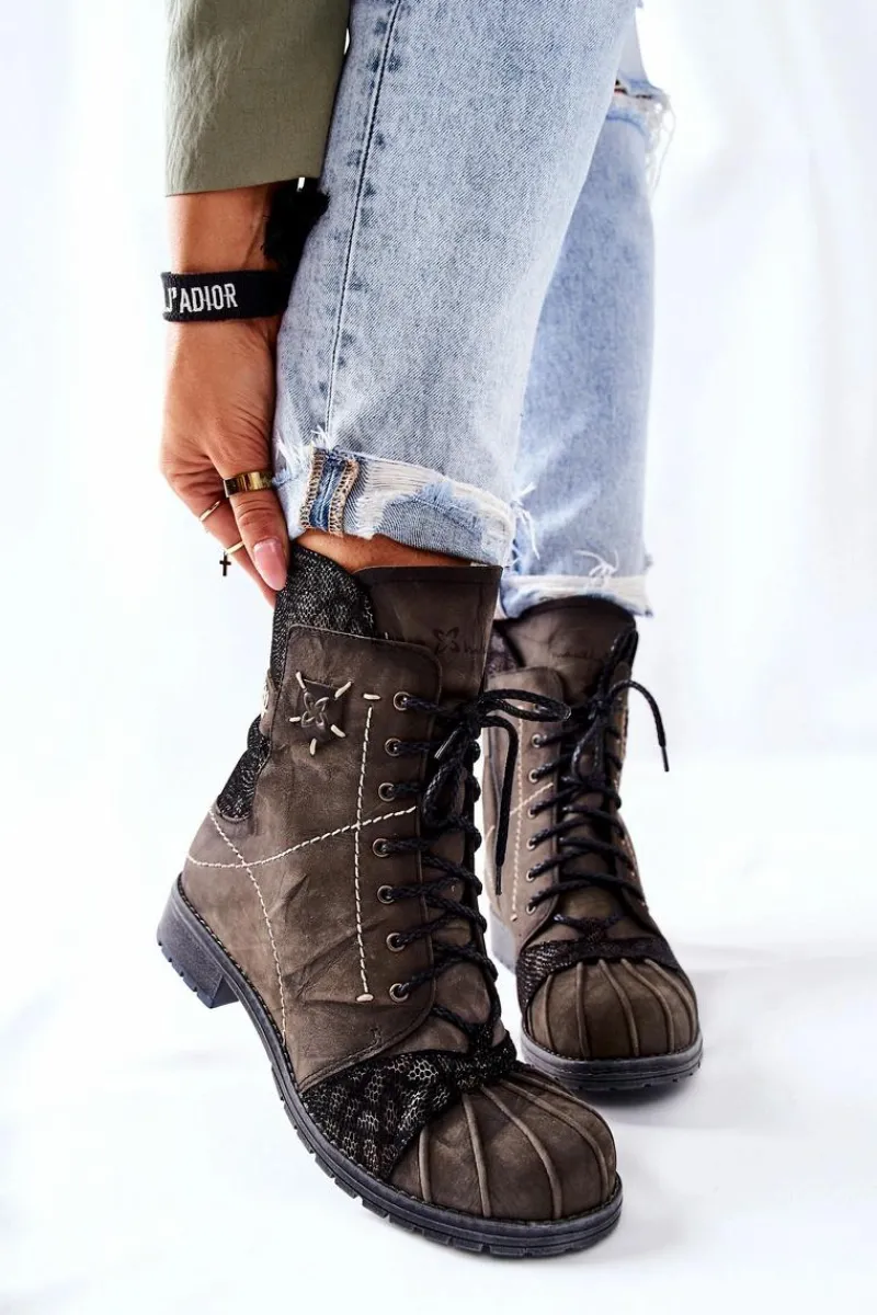 Best Botki Damskie Skórzane Ocieplane Oliwkowe 03961-24 Damskie Botki Maciejka|Botki Sznurowane