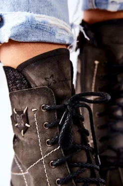 Best Botki Damskie Skórzane Ocieplane Oliwkowe 03961-24 Damskie Botki Maciejka|Botki Sznurowane